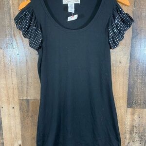 Love Notes Women’s Top Black ruffled Rhinestone Shoulder Accents Slit Cut Size L